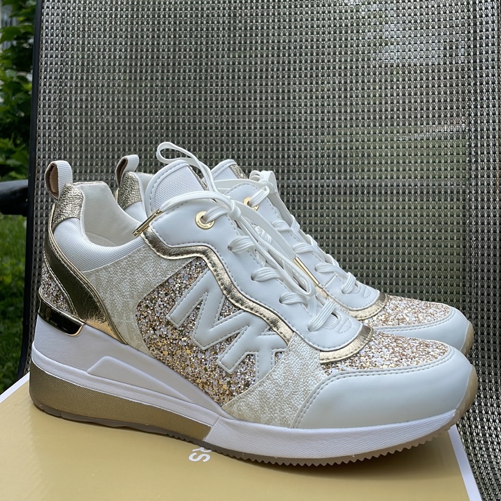 Michael Kors Crysta trainer pale gold chunky glitter wedge shoes sneakers 9.5 - Picture 4 of 10